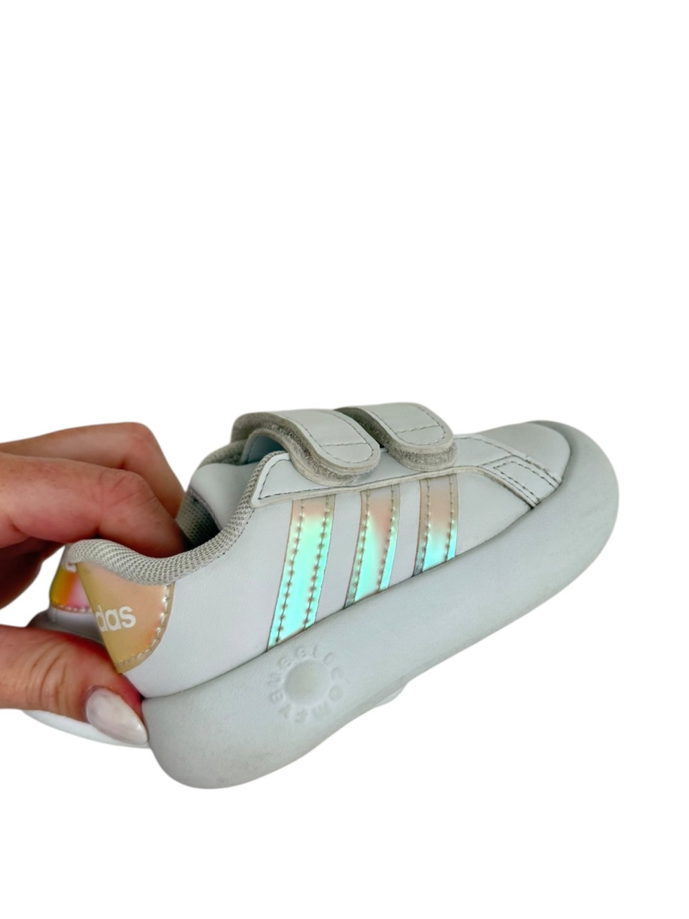 Adidas Grand Court White Velcro Sneakers with Iridescent Stripes